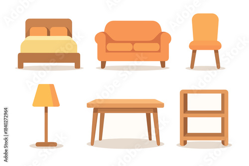 Home furniture items collection featuring a bed, sofa, chair, lamp, table, and bookcase, designed in a modern flat illustration style for interior design concepts.