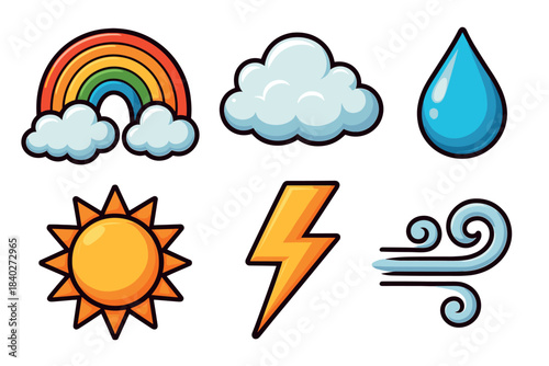 Weather icons and symbols collection featuring sun, cloud, rainbow, wind, lightning, and rain droplet in a colorful cartoon style.
