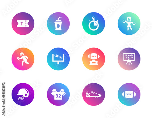 American football, sport, game. Vector set of 12 round gradient icons featuring players, gear, strategy, and fan elements for sports apps, UI, and football-themed design.