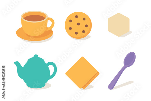 Isometric collection of tea time and snack elements featuring a cup, saucer, cookie, teapot, spoon, and abstract geometric shapes in a modern flat design style.