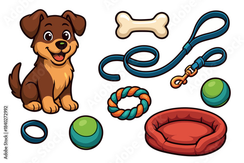 Cute cartoon puppy and its essential pet accessories including a bone, leash, toys, and a cozy bed, perfect for animal care concepts.