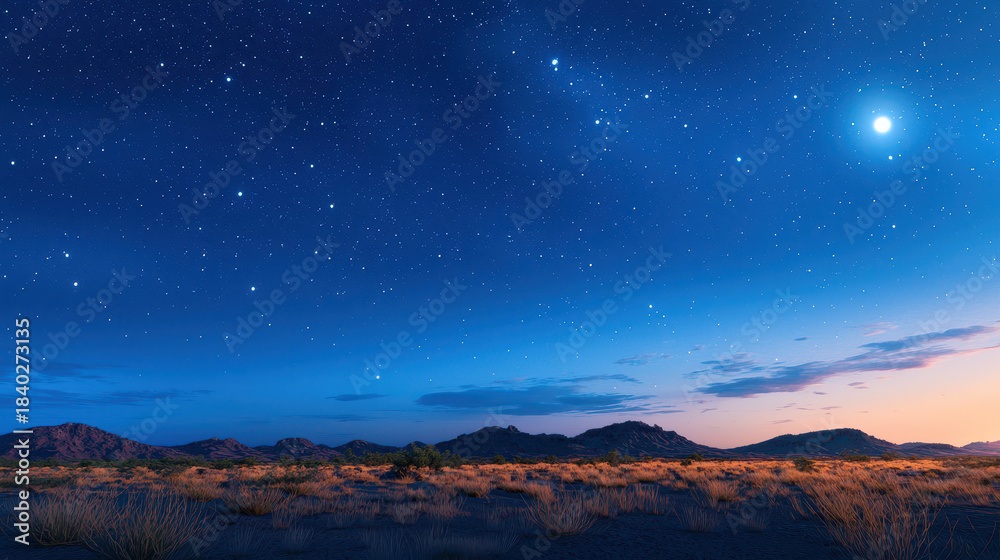 Naklejka premium Serene desert night sky filled with stars, showcasing gradient of blue and orange hues as sun sets behind distant mountains