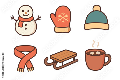 Winter season icons collection featuring various festive elements including a snowman, mitten, hat, scarf, sled, and hot chocolate mug, perfect for holiday designs.