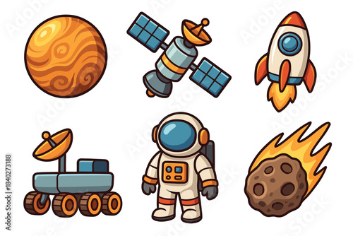 Various cartoon space objects and cosmic elements including a planet, satellite, rocket, rover, astronaut, and meteor, representing exploration and discovery.