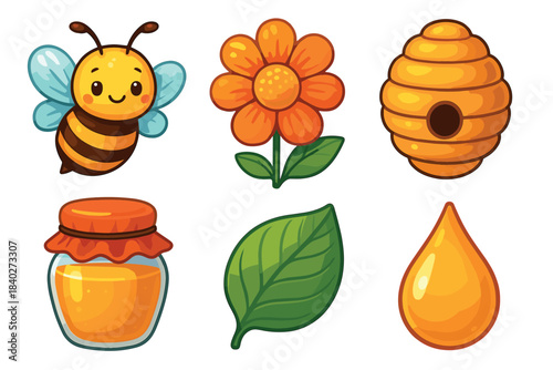 Adorable cartoon bee honey flower beehive leaf and golden drop illustrations provide charming elements for various sweet-themed designs.