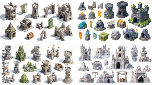Set of fantasy castle towers, ruins, gates, and mystical buildings for game design and world building. Detailed elements ideal for RPG maps and adventure environments.