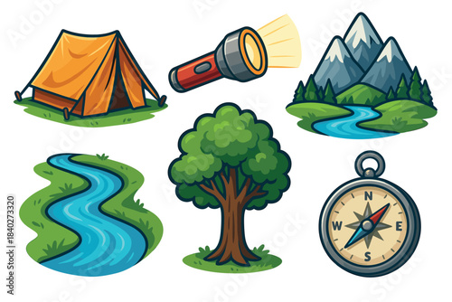 Outdoor camping adventure elements collection featuring tent, flashlight, mountains, river, tree, and compass for nature exploration.