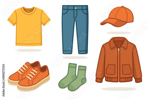 Vibrant collection of casual clothes and accessories, featuring a yellow t-shirt, blue jeans, an orange jacket, cap, sneakers, and green socks, perfect for everyday fashion.