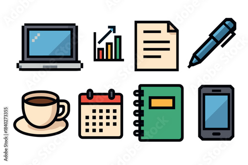 Office business work productivity icons representing modern digital tools and essential items for daily tasks and professional management.