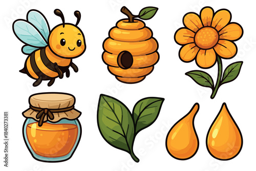 Cute cartoon bee beehive honey flower and leaves collection in a vibrant, playful illustration style, perfect for children's designs and educational materials.