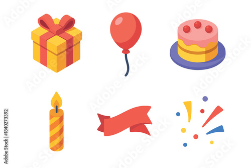 Gift box, balloon, cake, candle, banner, confetti are essential elements for any festive occasion, bringing joy and excitement to celebrations.