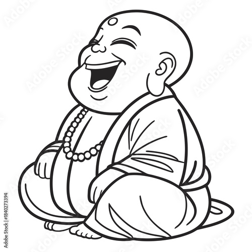Black and white line art of a laughing Buddha seated joyfully, with closed eyes, open mouth, exposed belly, and beaded necklace—symbolizing happiness and abundance.