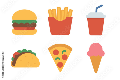 Fast food and dessert icons collection featuring popular junk food items like burgers, fries, pizza, tacos, soda, and ice cream in a simple flat design style.