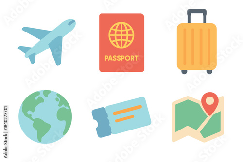 Travel icons including airplane, passport, luggage, globe, ticket, and map are essential elements for planning an international trip or vacation.