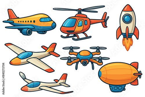 Cartoon flying vehicles set featuring various aircraft like passenger planes, a helicopter, a rocket, a drone, and a blimp, all rendered in a playful and colorful style.