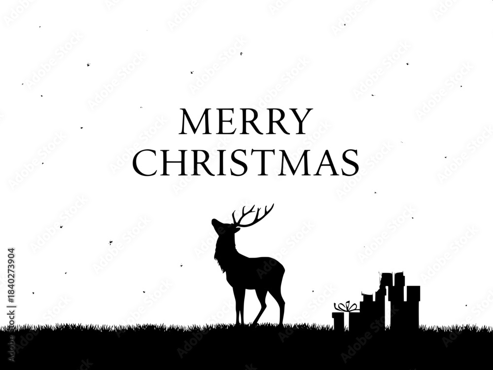 Fototapeta premium Black-and-white graphic Christmas scene. “MERRY CHRISTMAS” centered in elegant serif font, encircled by small stars and snowflakes. Below, a reindeer silhouette on grassy ground gazes upward. To the r