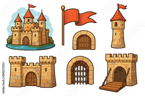 Various cartoon castle elements including a complete fortress, towers, gates, doors, and a drawbridge, perfect for fantasy game design or children's stories.