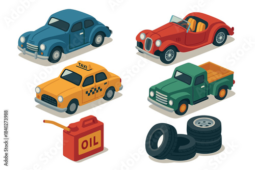 Vintage cars and automotive items collection featuring classic vehicles, a taxi, a pickup truck, an oil can, and tires in an isometric illustration style.