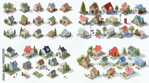 Collection of charming isometric houses with gardens, trees, and neighborhood details. Perfect for maps, games, city planning visuals, and architectural illustrations.