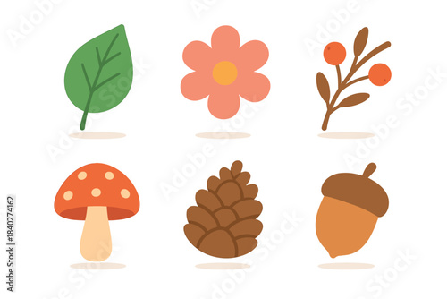 Collection of cute autumn nature elements including a leaf, flower, berries, mushroom, pinecone, and acorn in a simple flat illustration style.