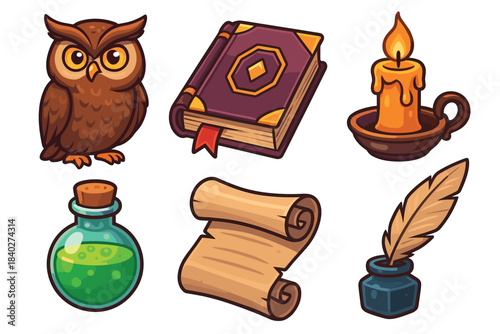 Fantasy magic items collection featuring an owl, spellbook, potion, scroll, candle, and quill pen, perfect for mystical themes and ancient knowledge.