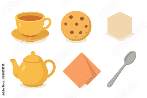 Tea time elements collection featuring a cup, teapot, cookie, and spoon, along with a napkin and sugar cube, rendered in a charming flat design style.