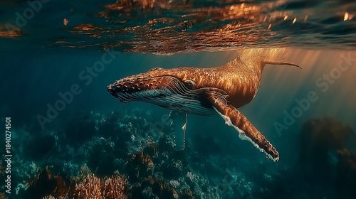 Fototapeta Naklejka Na Ścianę i Meble -  Elegant humpback whale moving through open ocean with light filtering from above 