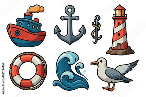 Set of charming cartoon nautical elements including a ship, anchor, lighthouse, lifebuoy, ocean wave, and a friendly seagull, perfect for maritime themes and children's designs.