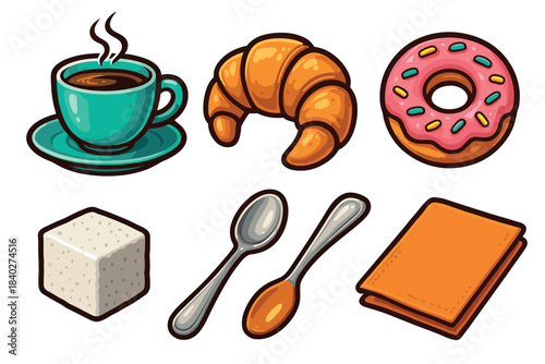 Breakfast items collection featuring a steaming hot cup of coffee, a flaky golden croissant, a sweet pink donut, a sugar cube, and various utensils for a complete morning meal.