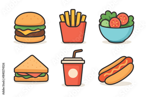 Hamburger, french fries, salad, sandwich, soft drink, and hot dog icons are neatly arranged, representing a classic selection of popular fast food and quick meal options.