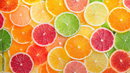 Vibrant citrus slices arranged in colorful pattern, showcasing variety of oranges, lemons, limes, and grapefruits, creating cheerful atmosphere