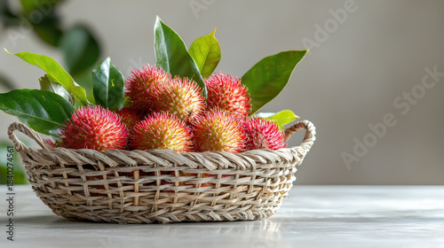 Vibrant rambutan fruits in woven basket, surrounded by green leaves, create fresh and inviting display