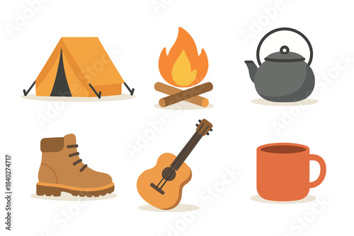 Camping and outdoor adventure equipment icons are neatly arranged, showcasing essential items for a wilderness trip or recreational activity.