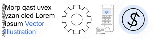 Technology development, financial transactions, e-commerce, payment systems, innovation, technical processes. Gear, payment terminal and currency symbol aligned. Technology development and financial
