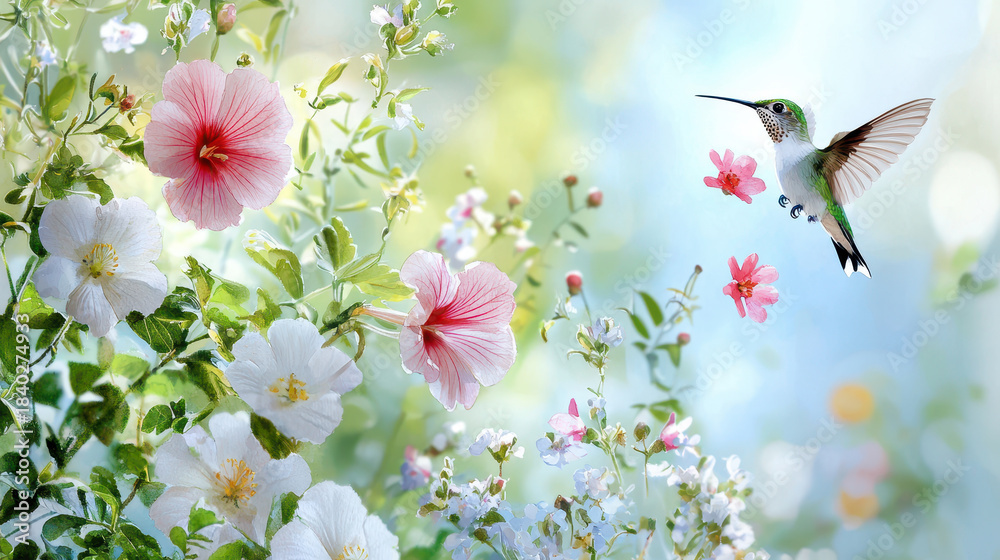Naklejka premium Vibrant scene featuring hummingbird hovering among colorful flowers, showcasing beauty of nature and springtime. delicate petals and soft