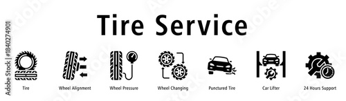 Tire Service web banner icon vector illustration with icons of Tire, Wheel Alignment, Wheel Pressure, Wheel Changing, Punctured Tire, Car Lifter and 24 Hours Support.