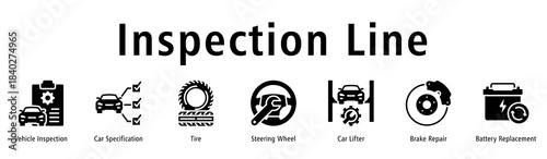 Inspection Line web banner icon vector illustration with icons of Vehicle Inspection, Car Specification, Tire, Steering Wheel, Car Lifter, Brake Repair and Battery Replacement.