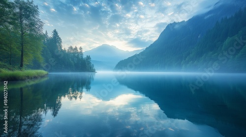 A misty morning over the mirror-like surface of the lake, surrounded by wooded mountains, creates an atmospheric backdrop for meditative practices and relaxation applications.