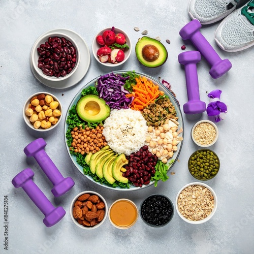 Healthy meal prep with fitness accessories.  A vibrant, colorful bowl of  balanced meal,  surrounded by protein-rich foods and workout gear
