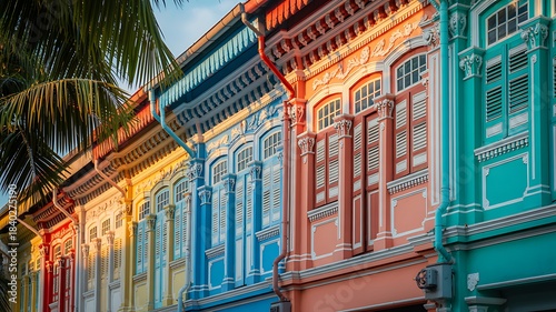 Colorful row of traditional shophouses with intricate architectural features photo