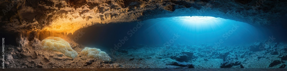 Obraz premium Underwater cave with glowing bioluminescent plants, mysterious atmosphere, 3D illustration