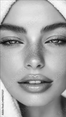 Model showing skin care routine, close up portrait of face with makeup and towel draped over head