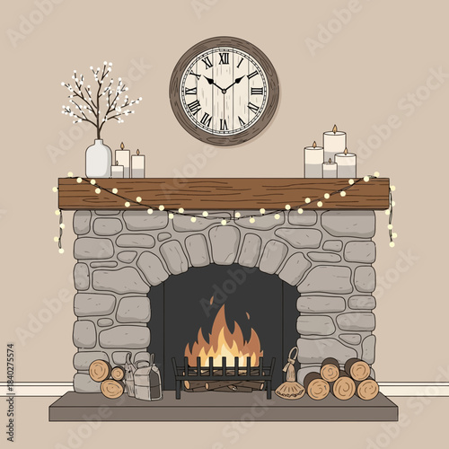 Cozy fireplace with decorative mantel and festive string lights in a warm living room