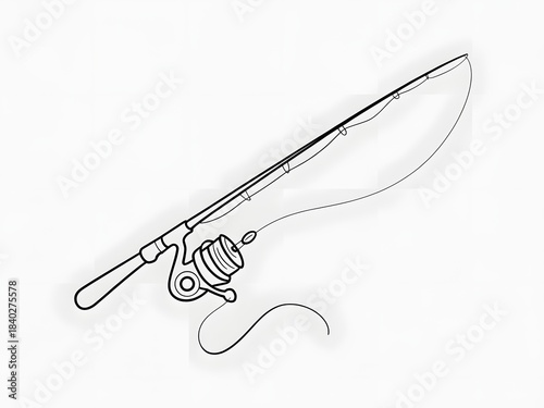 Basic line art fishing rod with spinning reel and fishing line