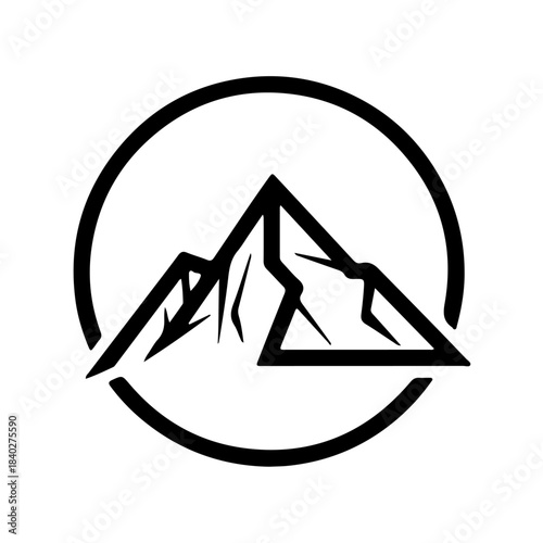 Minimalist black outline icon of a rugged mountain peak inside a partial circle, symbolizing adventure, nature, and exploration isolated on transparent background