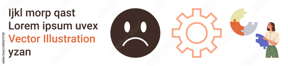 Fototapeta premium Problem-solving, human emotions, teamwork, productivity, innovation, collaboration. A sad face, gear symbol and puzzle pieces with a woman assembling parts. Problem-solving and teamwork