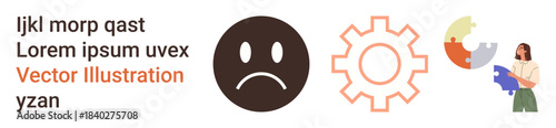 Problem-solving, human emotions, teamwork, productivity, innovation, collaboration. A sad face, gear symbol and puzzle pieces with a woman assembling parts. Problem-solving and teamwork