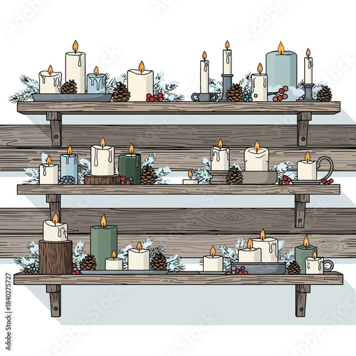 Decorative Christmas candles with pinecones and holiday ornaments on rustic wooden shelves