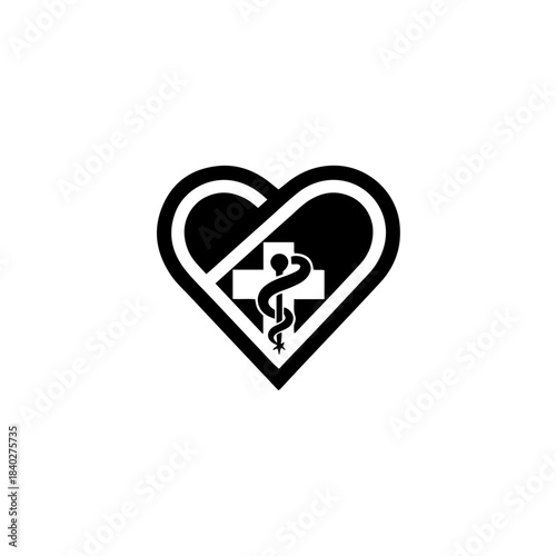Medical cross and rod of asclepius within a heart symbol, representing healthcare, love, and compassion in medicine isolated on transparent background