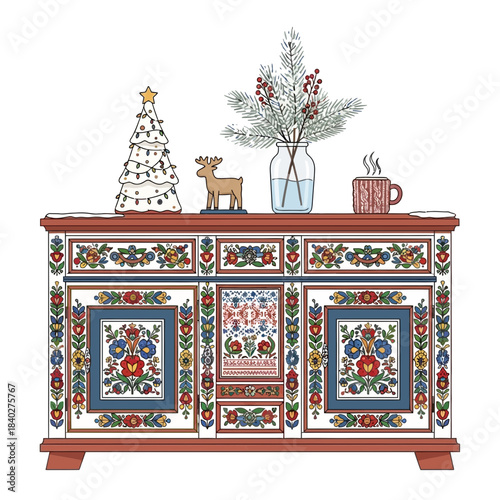Decorative Christmas themed sideboard with festive ornaments and greenery for holiday decor